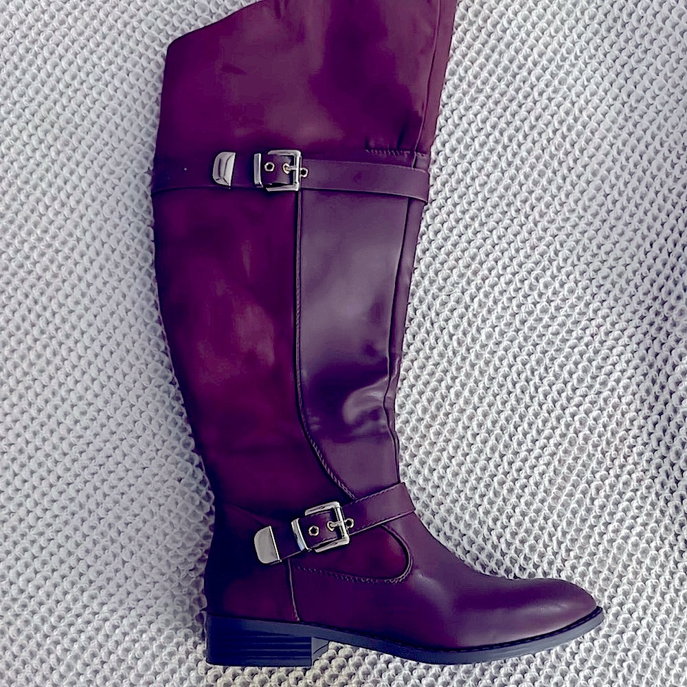 Burgundy Over the Knee Boots with Sleek Design and Decorative Buckles
